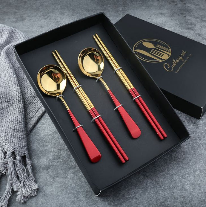 Spoon & Chopstick Gift Set - Red Gold
